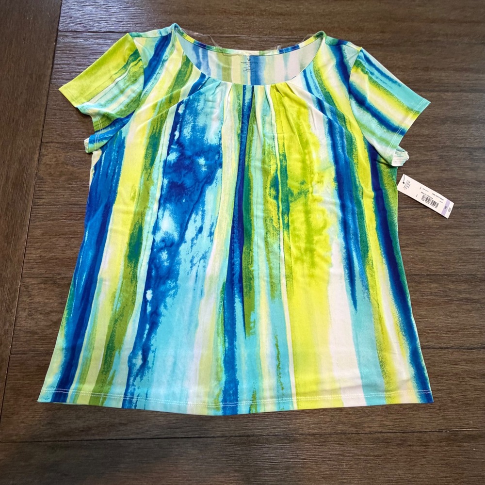 Worthington Petite XL Blue Green Beachy Stripe Pleated Short Sleeve Blouse NWT‎